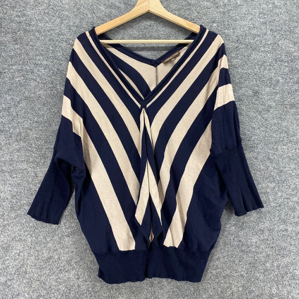 Adrienne Vittadini Sweater Pullover Women M Medium Blue Striped Knit V-Neck